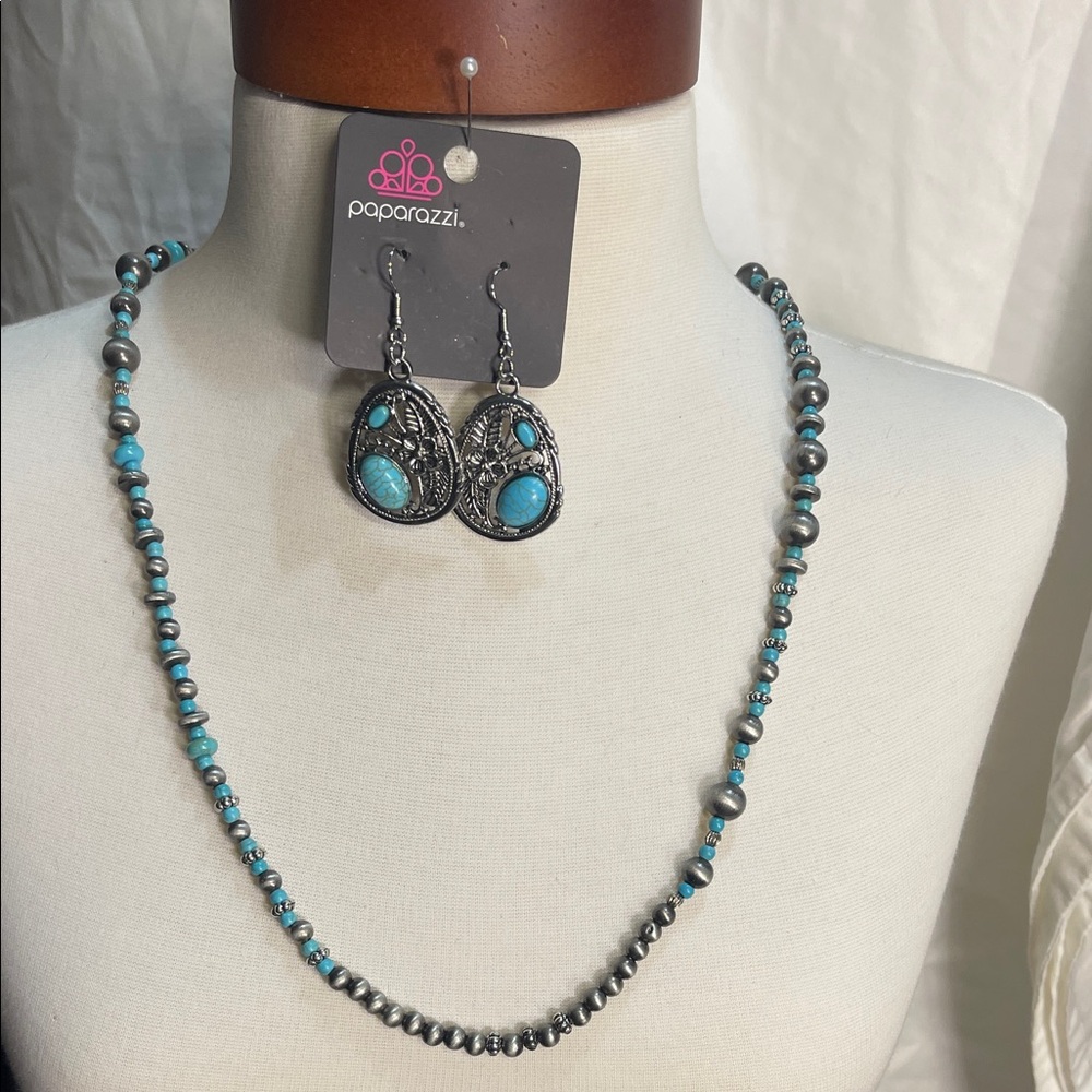 Paparazzi Elegant Silver and Turquoise Beaded Necklace and Turquoise Earrings